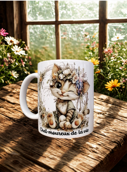 Mug blanc décoré d’un chat fleuri avec le message Chat‑moureux de la vie.