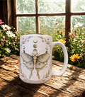 “Mug blanc décoré d’un papillon lunaire entouré de lunes et de motifs botaniques.”