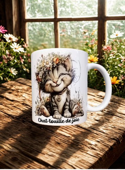 Mug blanc décoré d’un chat souriant entouré de fleurs avec le message Chat‑touille de joie.