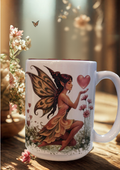 Mug blanc décoré d’une fée entourée de fleurs et d’un cœur rose