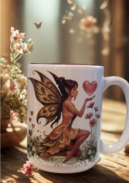 Mug blanc décoré d’une fée entourée de fleurs et d’un cœur rose