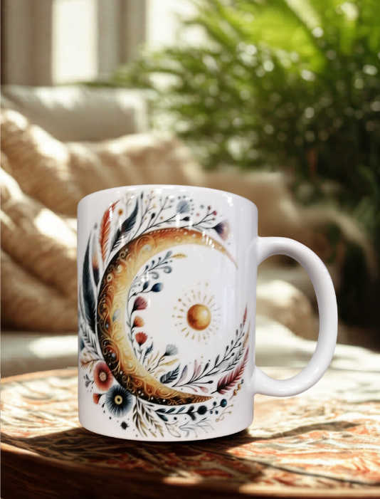 Mug en céramique avec croissant de lune doré, feuilles et symboles mystiques, sublimé des deux côtés.