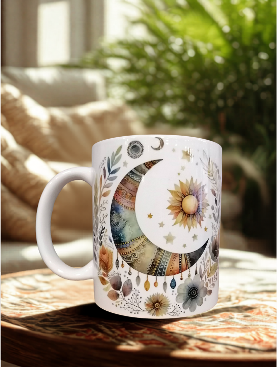 “Tasse décorée d’une lune colorée et d’un soleil rayonnant entourés de fleurs et d’étoiles, impression double face.”