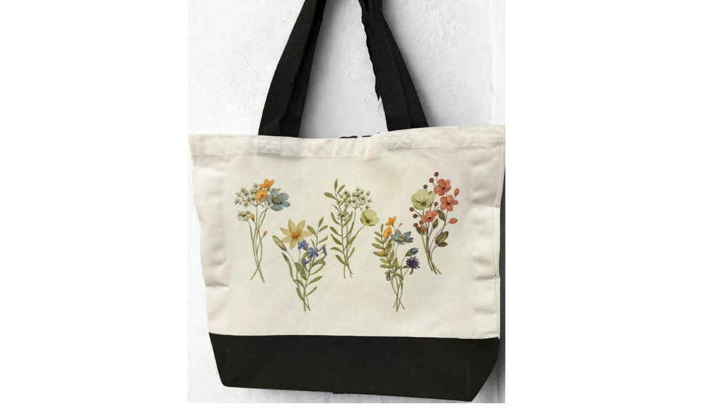Sac réutilisable (Tote bag) décoré de fleurs colorées alignées sur la partie supérieure. Imprimer sur les  côtés.