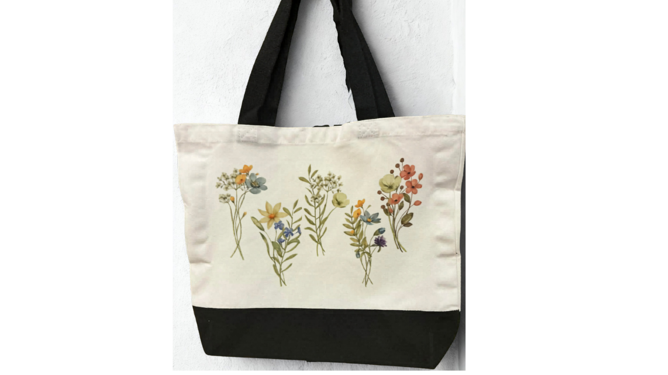 Sac réutilisable (Tote bag) décoré de fleurs colorées alignées sur la partie supérieure. Imprimer sur les  côtés.
