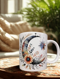 Tasse blanche illustrée d’un croissant de lune floral aux couleurs chaudes, sublimation visible des deux côtés.