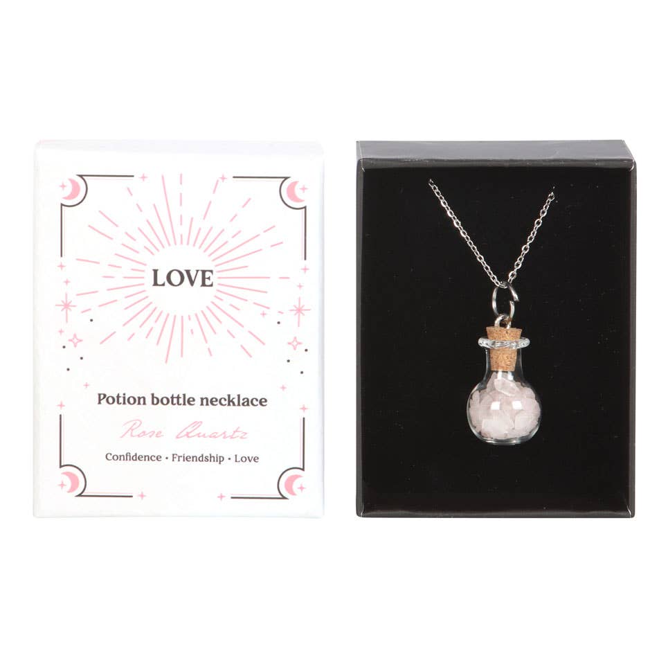 Collier Love Rose en forme de bouteille de potion en quartz avec copeaux de cristal