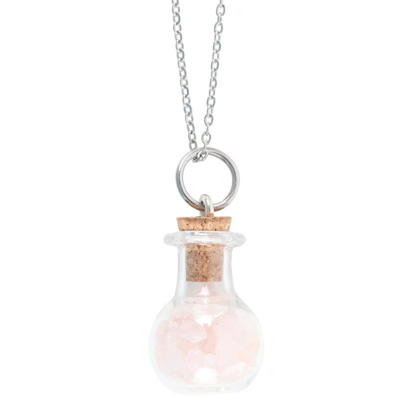 Collier Love Rose en forme de bouteille de potion en quartz avec copeaux de cristal