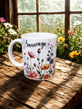 Tasse blanche décorée de fleurs sauvages, papillons et mots inspirants, sublimée des deux côtés.”