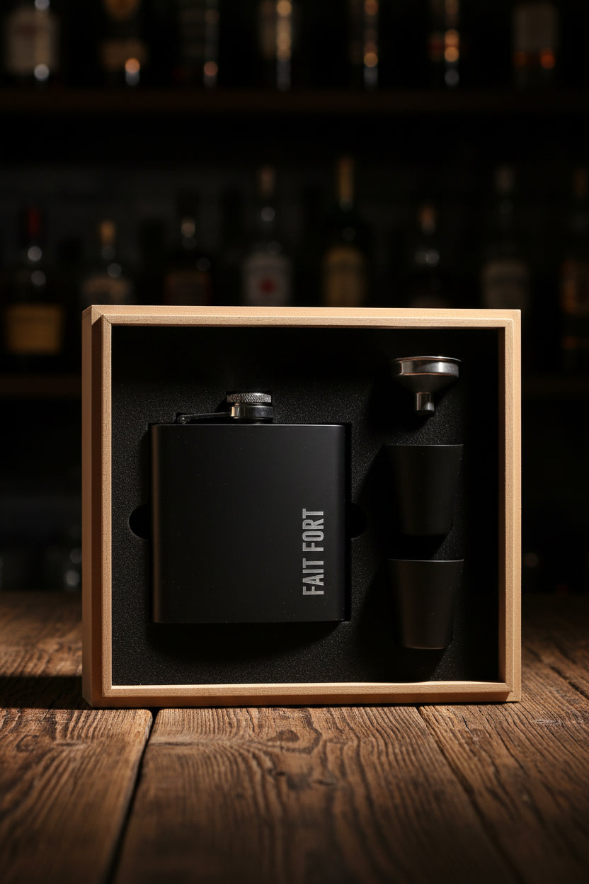 Coffret en bois avec flasque noire ‘Esprit Libre’ et deux verres assortis.