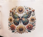 Sac réutilisable blanc et noir avec illustration colorée de papillon et fleurs.