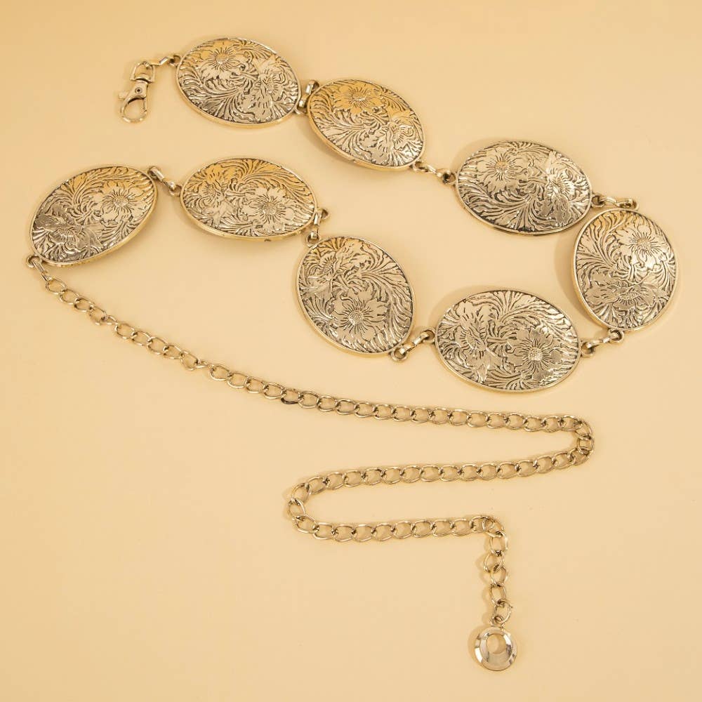 Ceinture concho ovale gravé de fleurs