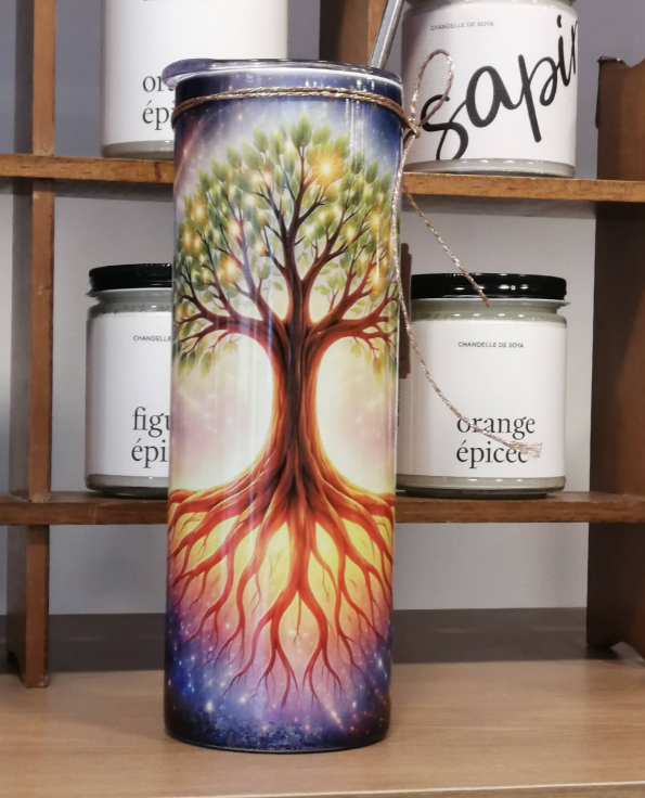 Gobelet isotherme en acier inoxydable avec arbre de vie et racines colorées – vue avant